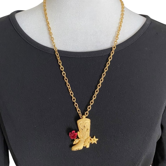 Country Western Style Cowboy Boot w/Rose Pendant Necklace Gold-Tone - Picture 4 of 10